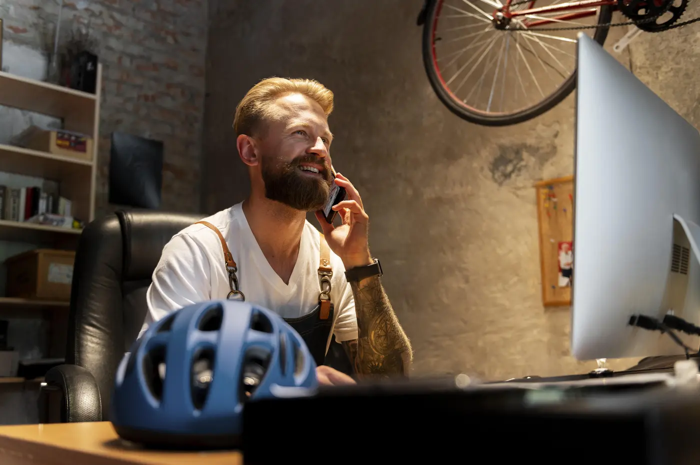 El dueño de una tienda de bicicletas atiende una llamada en su taller